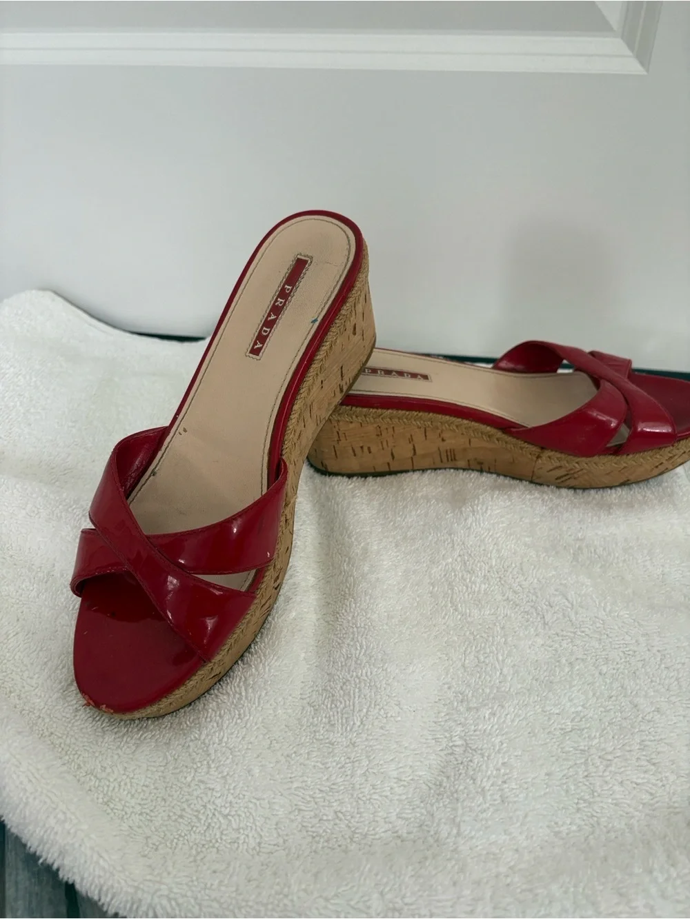 Prada Red Patent Cork Platform Slide Sandals